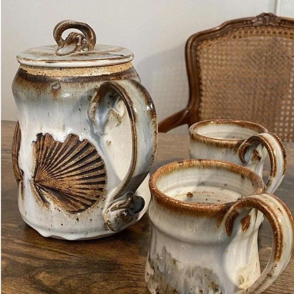 Studio Pottery Seashell Tea Set Teapot 2 Mugs Glazed Hefty Stoneware Coastal Art